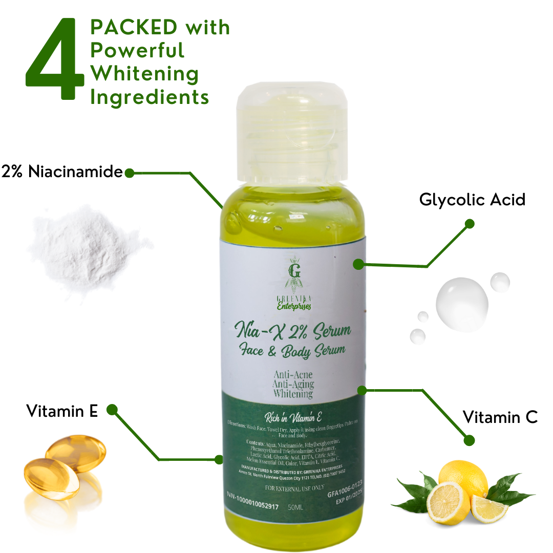 Greenika Extra Strength AHA Face Whitening Serum with 2% Niacinamide