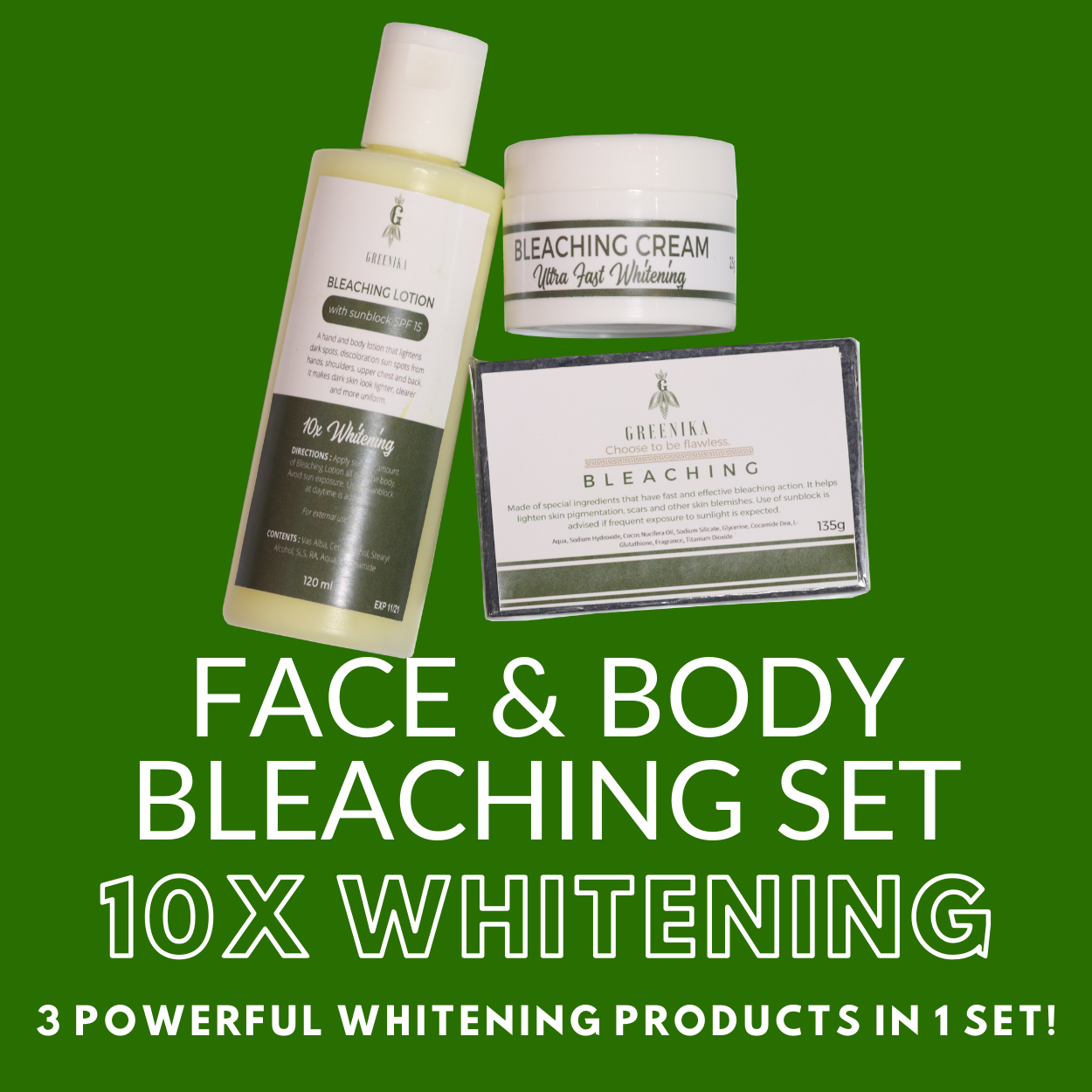 Greenika 3in1 Bleaching Set with Bleaching Soap, Bleaching Lotion and Bleaching Cream
