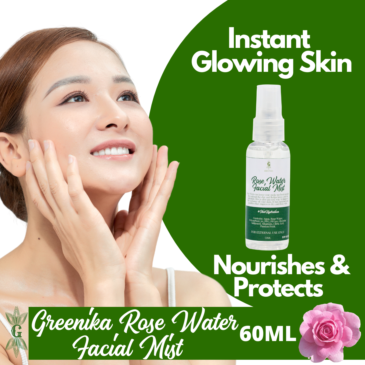 Greenika 60ML Natural Rose Water Facial Mist Spray