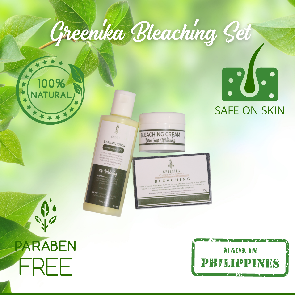 Greenika 3in1 Bleaching Set with Bleaching Soap, Bleaching Lotion and Bleaching Cream