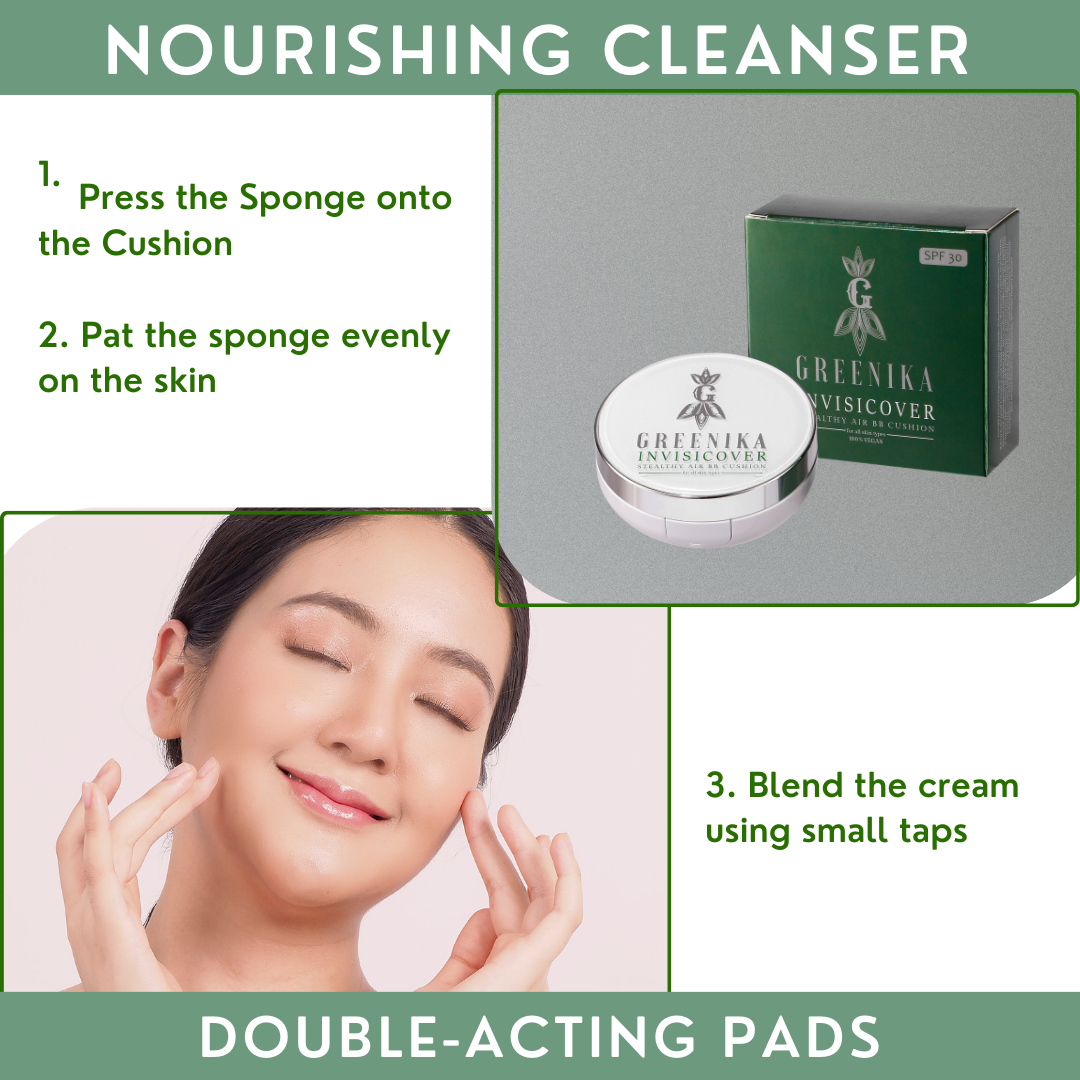 [ BB CUSHION SUNSCREEN FOUNDATION ] Greenika Vegan Invisicover Concealer Waterproof Self-Adjusting Shade Whitening Cushion Sweat Proof SPF30 Broad Spectrum Anti Blue Light Face Mask Transfer-Proof UV Protection Dark Spot Eraser Blemish Concealer Sunblock