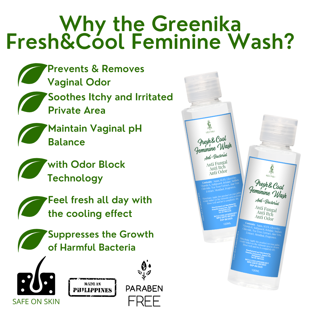 [ ACTIVE COOL FEMININE WASH ] Greenika Fresh&Cool Feminine Wash Blocks Odor & Itchiness with Tea Tree Oil Antibacterial Antifungal Anti Itch Anti Odor Gentle and Mild on Skin Balances PH Tea Tree Oil to Remove Bacteria, Fungi and other Germs Intimate Area