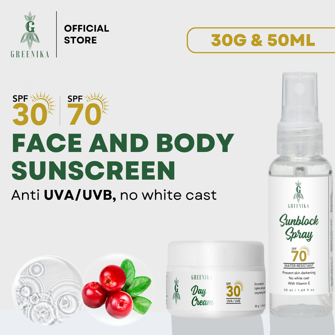 Greenika 30G Day Cream with SPF 30 + Greenika 50ML Sunblock Spray with SPF 70 Bundle