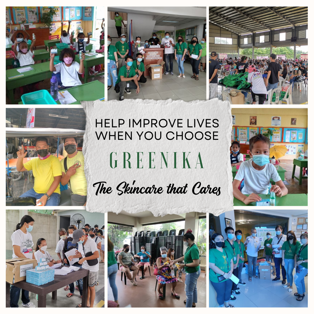 9 image grids from Greenika's effort to give back to the community. Text in the center of the image saying "Help improve lives when you choose Greenika. The Skincare that Cares"