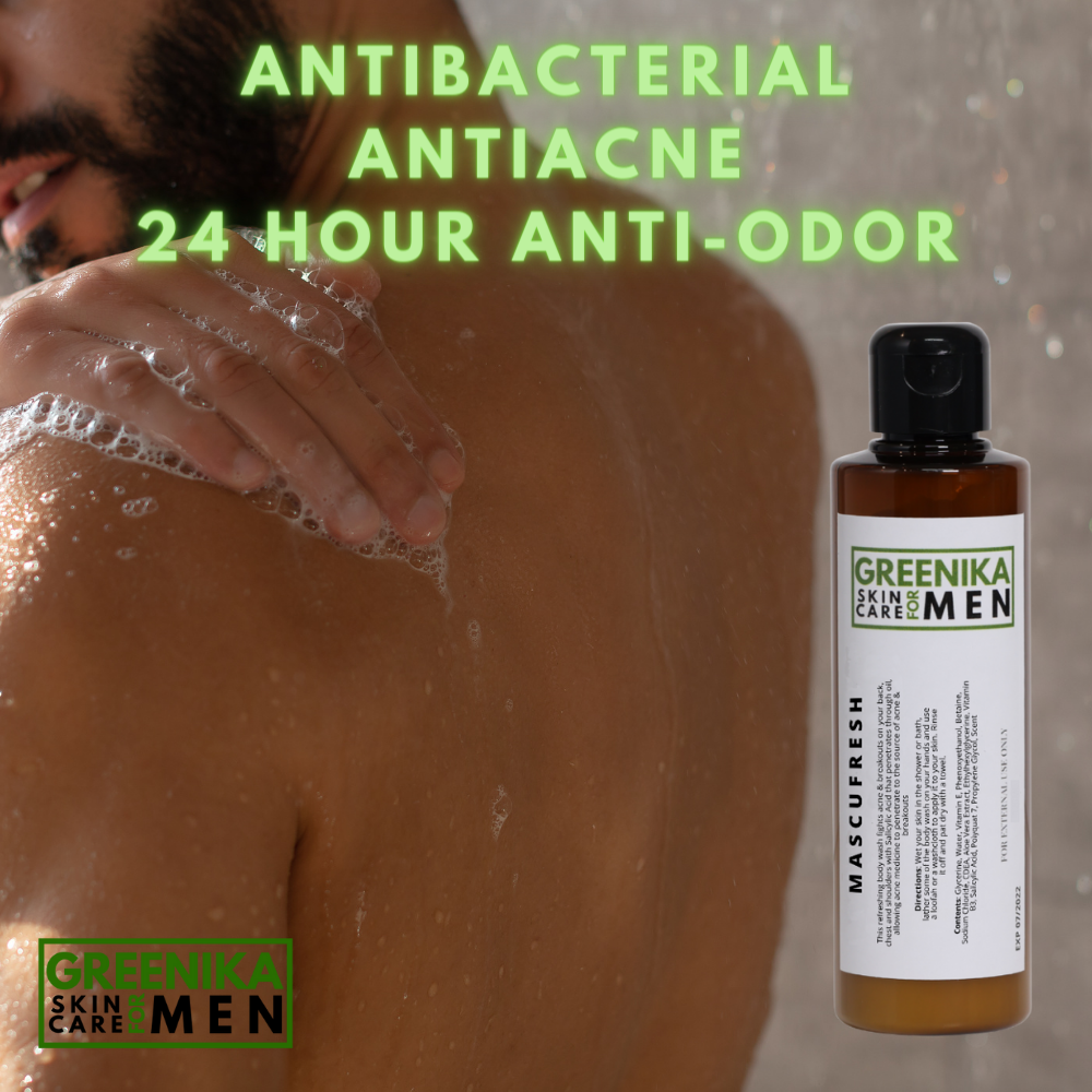 [ ANTI ODOR BODY WASH ] Greenika for Men Mascufresh Body Wash Shower Gel Cleanser with Salicylic Acid Cleanses Deeply Unclogs Pores Anti Bacterial Removes Bacne Arms Acne Body Acne Fungal Acne Whiteheads Blackheads Shoulders Pimple Remover for men