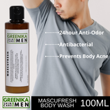 [ ANTI ODOR BODY WASH ] Greenika for Men Mascufresh Body Wash Shower Gel Cleanser with Salicylic Acid Cleanses Deeply Unclogs Pores Anti Bacterial Removes Bacne Arms Acne Body Acne Fungal Acne Whiteheads Blackheads Shoulders Pimple Remover for men