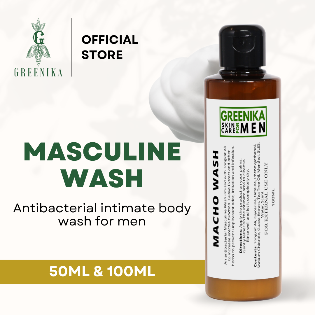 [ 24 HOUR FRESH MASCULINE WASH ] Greenika for Men Macho Wash with Tea Tree & Guava Extract All Day Fresh Antibacterial Anti Bacterial Anti Itch Anti Odor Gentle and Mild on Skin Removes Bacteria Fungi and other Germs Intimate Area Cleansing Wash