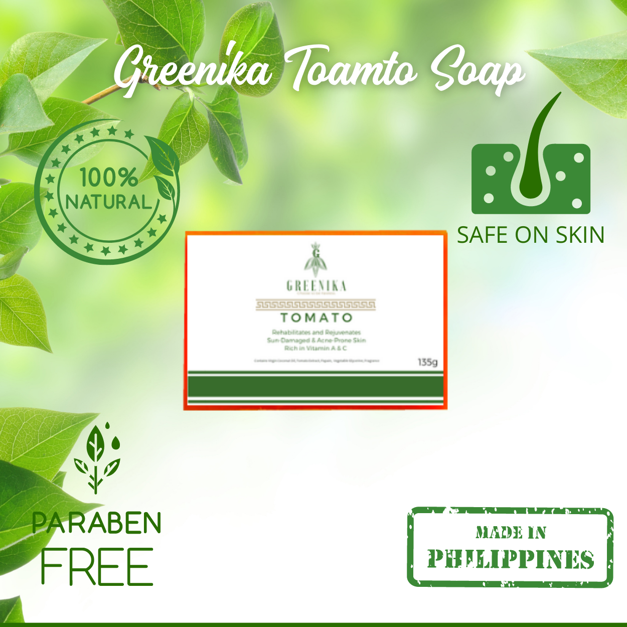 Greenika Premium Organic Tomato Natural Whitening Anti Wrinkle Soap