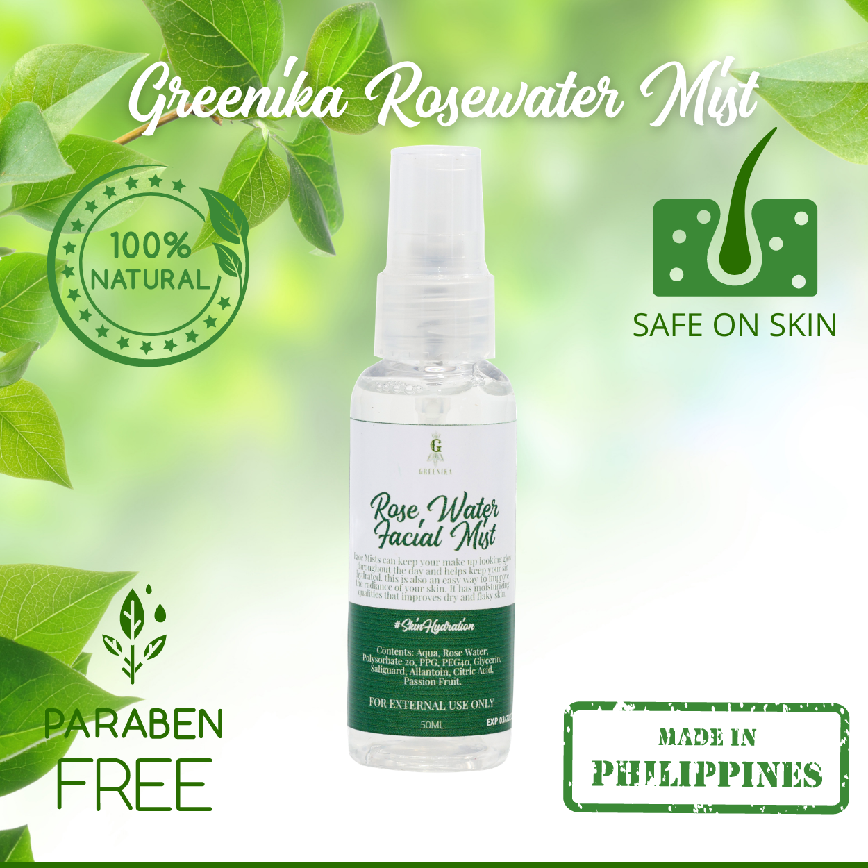 Greenika 60ML Natural Rose Water Facial Mist Spray