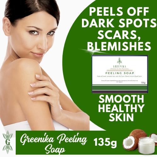 [ MELASMA PEELING SOAP ] Greenika Peeling Soap Scar Remover Whitening Soap Lightens Skin Pigmentations Scars and Blemishes Erases Sun Spots Dark Spots and Acne Scars Effective Whitening Soap for all Skin Types Melasma Skin Whitening Soap