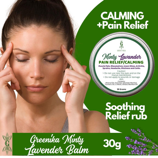 [ LAVENDER SOOTHING RELIEF BALM ] Greenika Mint Lavender Balm Quick Relief Pain Rub for Headache Motion Sickness Dizziness Colds Muscle Pains Rheumatism Insect Bites Arthritis Sprains Effective Pain Relief Rub Mild Non-Toxic Pure Mint and Lavender Oil